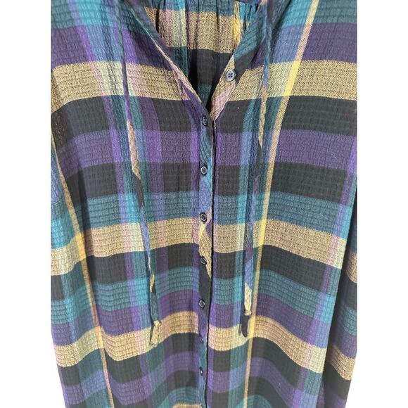 Torrid Plaid Gauze Button Front Tie Neck Tank Purple Green Gold Black Size 1 - Picture 5 of 8